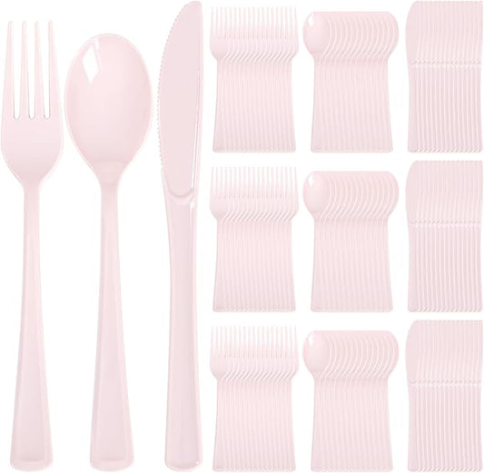 Supernal 300 Pieces Pink Plastic Silverware Heavy Duty Disposable Silverware Pink Utensils Disposable Cutlery Set 100 Forks 100 Knives 100 Spoons for Wedding Party Supplies Everyday Use