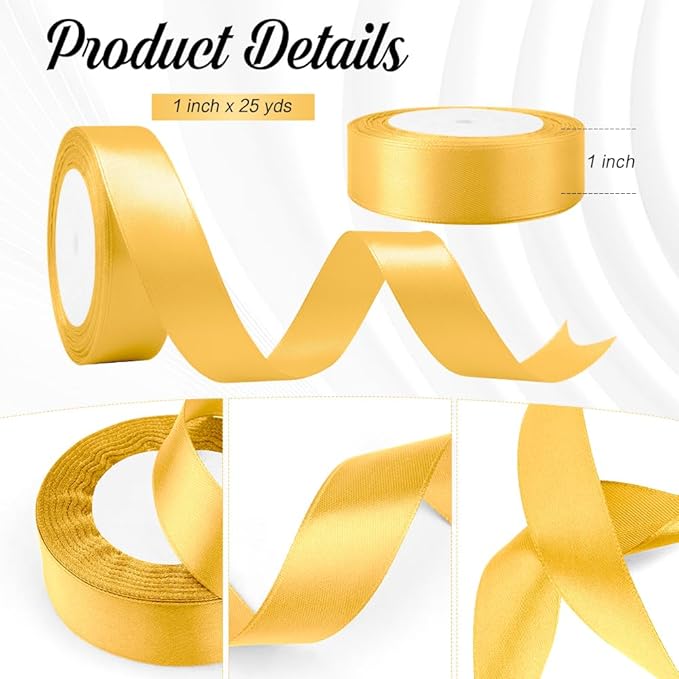 Gold Ribbon Gold Christmas Tree Ribbon, 1 Inch 25 Yds Ribbon for Gift Wrapping Hair Ribbon Gold Satin Ribbon Perfect for Halloween Balloon Ribbon Wedding Party Floral Bouquets Ribbon Candy Sewing
