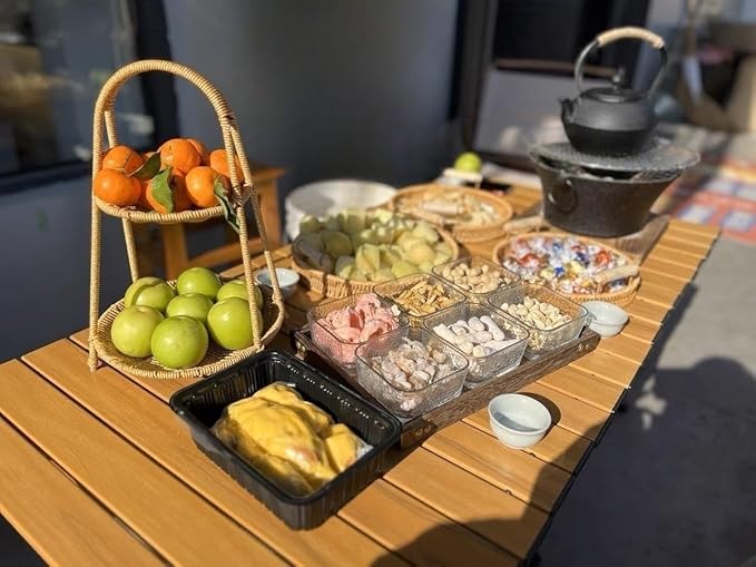 Landtom Two Tiered Rattan Serving Stand | Serving Tray for Party | Round Wooden Platter for Cupcakes, Fruits, Dessert, Tea, Dried Fruit, Candy Or Snack (Type A)
