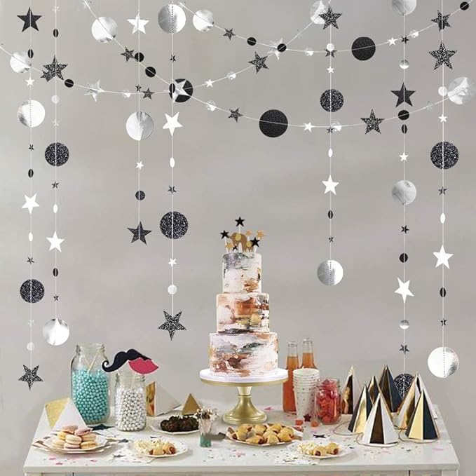 Cheerland Twilight Birthday Decoration Black Silver Moon Garland Full Moon Star Streamer Gothic Party Decor Garland Ramadan Eid Mubarak Glitter Banner Celestial Baby Shower Summerween Halloween