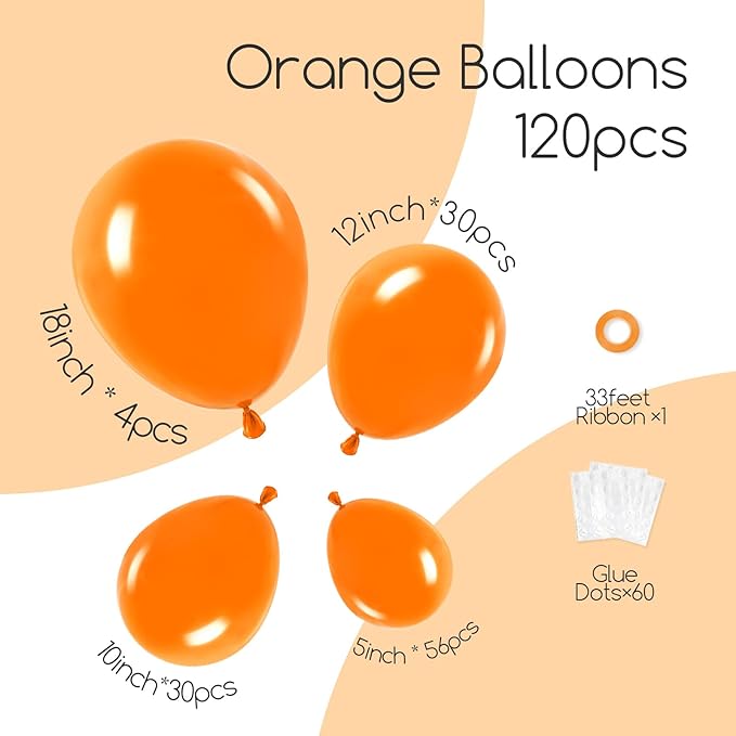 Awenztech 120pcs Orange Balloon Arch Kit, 18 12 10 5 inch Orange Latex Balloons Different Sizes Balloon Garland for Graduation Fall Tropical Birthday Party Decorations