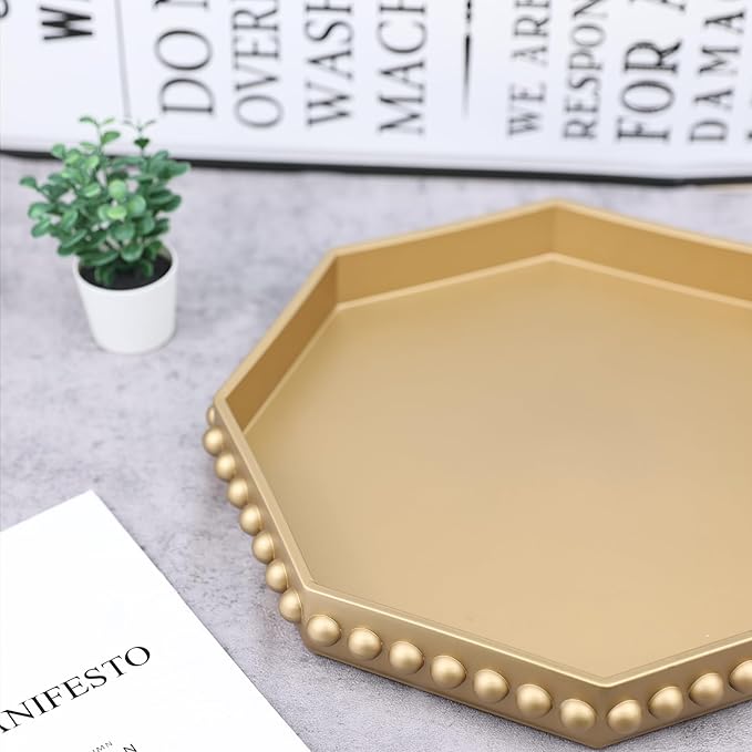 Gold Serving Tray for Coffee Table, Octagonal Beaded Plastic Decorative Tray for Ottoman, Kitchen Counter, Living Room, Outdoor Lacquer Tray for Entertaining