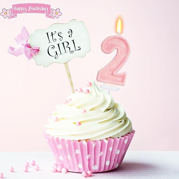 Pink Birthday Candles - Number 2 Candle for 2nd Birthday Decorations for Girl, Two Sweet Ice Cream Party Decorations for Girls