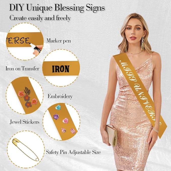 4Pcs Gold Sash Blank DIY Sash Belt Prom Queen Pageant Gold Wedding Anniversary Wreath Satin Sashes For Wedding Graduation homecoming Birthday Halloween Party Sashes Make Your Own with Safety Pin