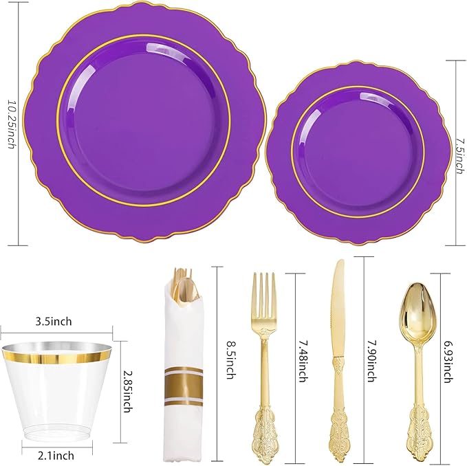 Liacere 350PCS Purple Plastic Plates-Disposable Purple and Gold Plates 50 guest Baroque Plastic Dinnerware include 100Plates,50Pack Pre Rolled Napkins with Silverware 50Cups for Halloween