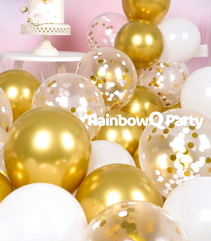 Metallic Shiny Gold and White Balloons 12 Inch 67PCS White Gold Confetti Balloons Latex Helium Balloon Set for Graduation Anniversary Wedding Birthday Party Decorations