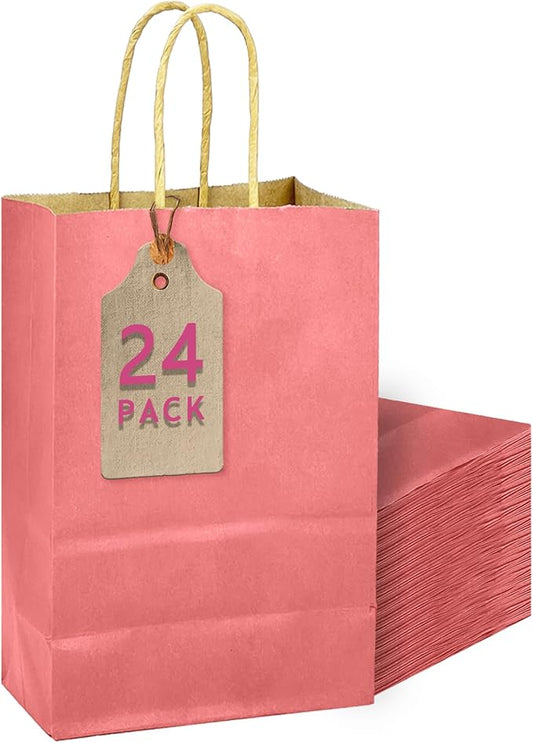 qiqee Pink Gift Bag with Handles Bulk 24Pcs Paper Bags -10.6"x8.3"x4.3"Party Favor Bags - Solid Color