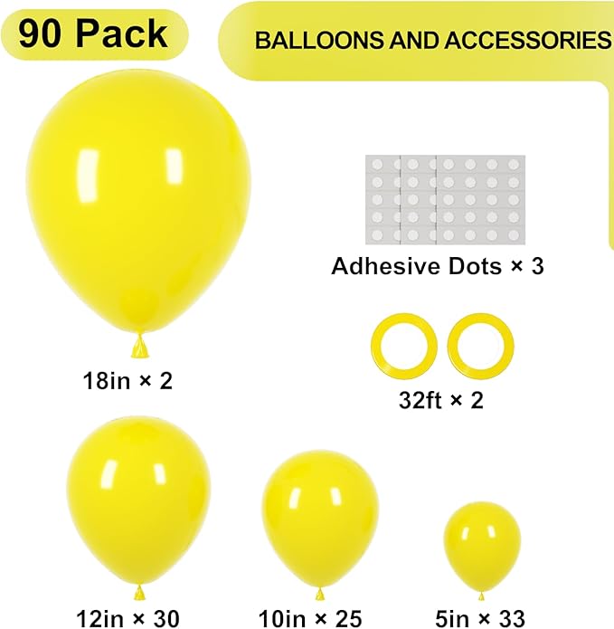 Voircoloria 90pack Yellow Balloons Different Size 18/12/10/5 Inch Yellow Balloon Garland Arch Kit for Graduation, Wedding, Birthday, Baby Shower, Sunflower and Honeybee Theme Party Decorations