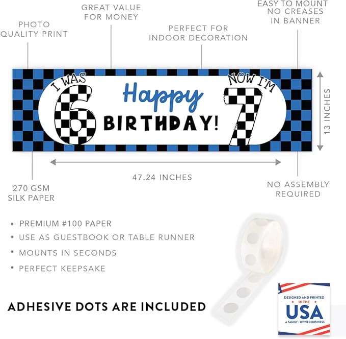Andaz Press 13x48 Inch 6 7 Birthday Banner Decorations, I Was 6 Now I'm 7 Birthday Banner Blue Checkered 67 Happy Birthday Party Banner for Boys or Girls, Home or Party Decor Backdrop Sign