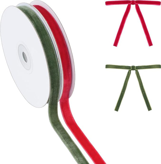YKW Christmas Velvet Ribbon Set, 2 Rolls 3/8 inch x 10 Yards Red Green Holiday Bows for Gift Wrapping, Crafts, Christmas Decorations, Party Supplies