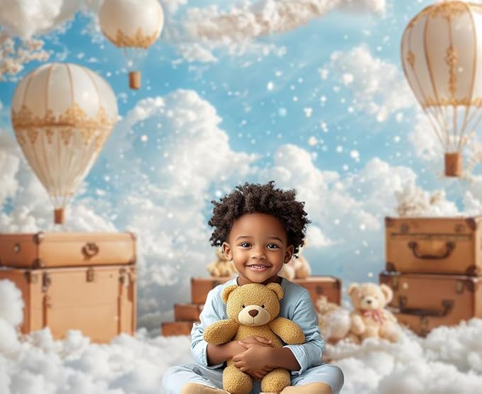 Kate 1st Kids Birthday Backdrop for Photography Hot Air Balloon Backdrops Cartoon Teddy Bear Background Photo Fabric Props, 7x5ft