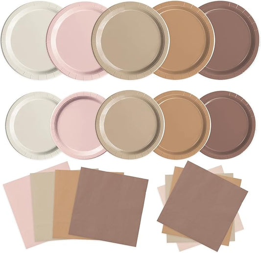 Oigco 60 PCS Brown Paper Plates Boho Baby Shower Decorations Gradient Brown Plates and Napkins for Birthday Wedding Boho Baby Shower Bridal Shower Party Supplies