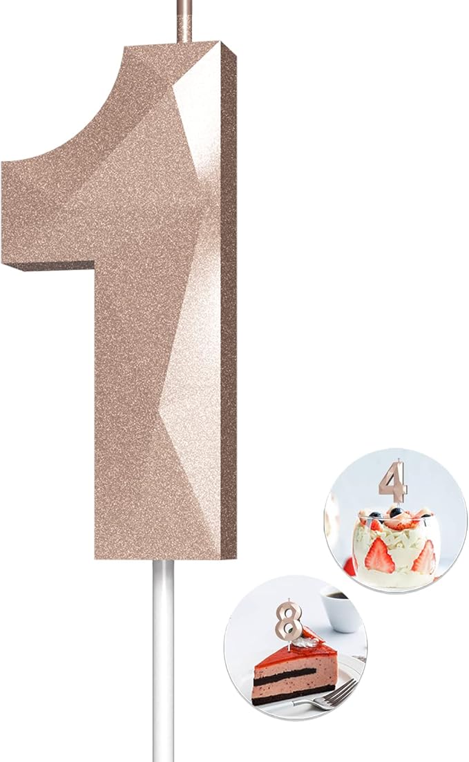 Number Birthday Candles(1 Candle Rose Gold) 3D Diamond Shape Number Happy Birthday Cake Candles for Birthday Party Wedding Decoration Reunions Theme Party