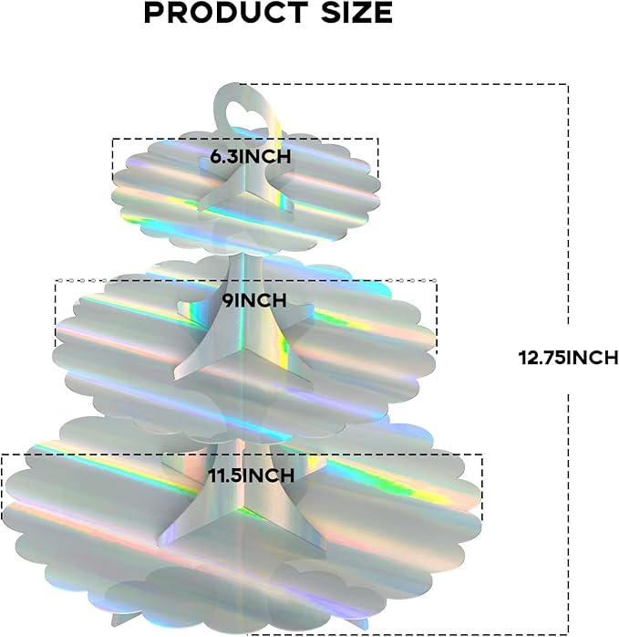 3-Tier Cupcake Stand Tower, Rainbow Silver Cardboard Cake Holder for Birthday Wedding Party Displays, Laser Silver Design - Space-Saving Dessert Table Decor (1 Pack) ﻿