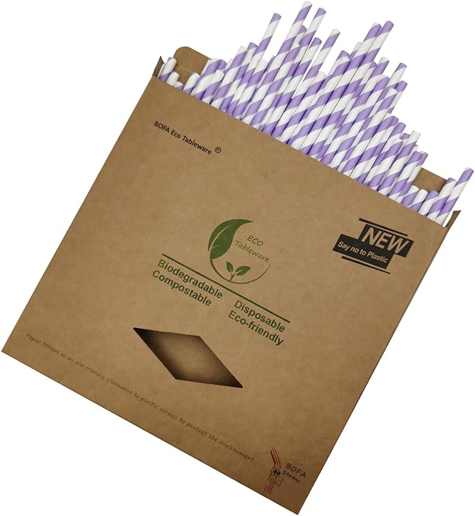 Light Purple Striped Paper Straws - Disposable Drinking Straws Purple and White Paper Straws for Craft Birthday Party Decorations (7.75inch, 100 Pack)