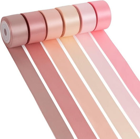 Pink Satin Ribbon 1 Inch Dusty Rose/Rose Gold/Nude/Peach/Pink Ribbon for Flower Bouquet Gift Wrapping Wedding Invitation Bridal Shower Decor Hair Bows Crafts 6 Rolls Total 30Yds