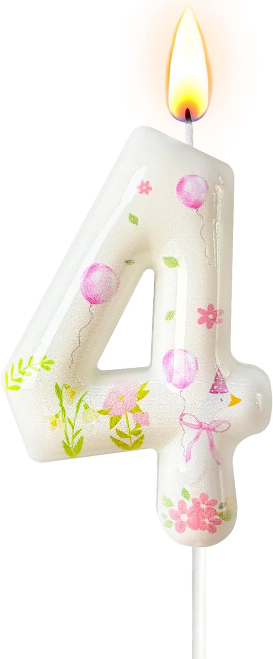 Number 4 Birthday Candle for Cake – Goose Inspired Design with Floral, Balloon & Leaf Details – Farm Theme Cake Topper for Birthday Party Decoration