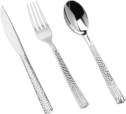 150PCS Silver Plastic Silverware, Heavy Duty Plastic Cutlery Set, Disposable Utensils - 50 Forks, 50 Spoons and 50 Knifes for Party, Wedding and Events