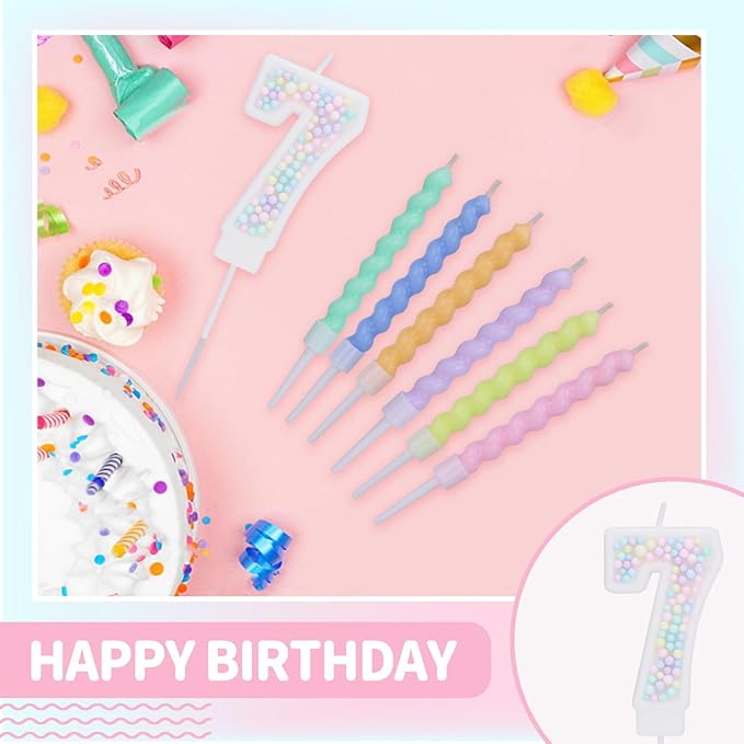 Number 7 Birthday Candles for Cake with 18 Pieces Spiral Candles with Macaron Pastel Rainbow Pink Cake Toppers for Girls Happy Birthday Party Decorations