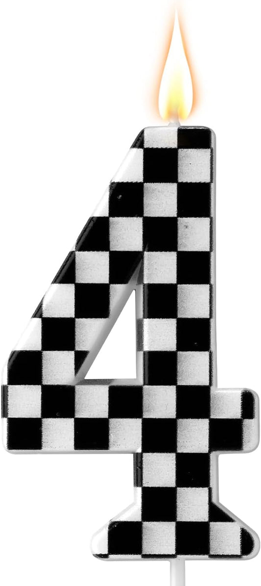 Racing Cars Themed Birthday Candle, Checkered Flag Number Candles Black and White Candles Happy Birthday Cake Topper Party Decorations for Boys Racing Cars Themed Party Supplies (Number 4)