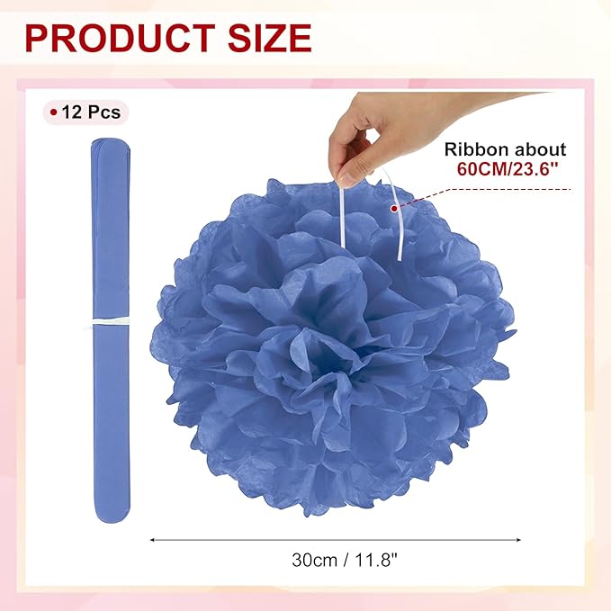 PATIKIL 12inch Tissue Paper Pom Poms, 12PCS Pom Poms Paper Flowers Ball Tissue Paper Flowers for Wedding Bridal Shower Birthday Bachelorette Party Backdrop Decoration, Navy Blue