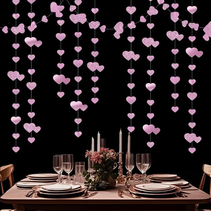 Pink Heart Garland Hanging Sparkling Love Streamer Glitter Bunting Banner Twinkle Heart Backdrop for Wedding Engagement Valentines Galentines Birthday Party Decor 40 Feet