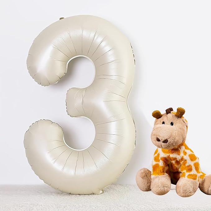 40 Inch Beige Number 3 Balloons for 3rd Birthday Decorations Boys Girl, Giant Self-Sealing Cream Foil Number 0-10 White Sand Balloon for Women Men Party Anniversary Baby Shower Supplies