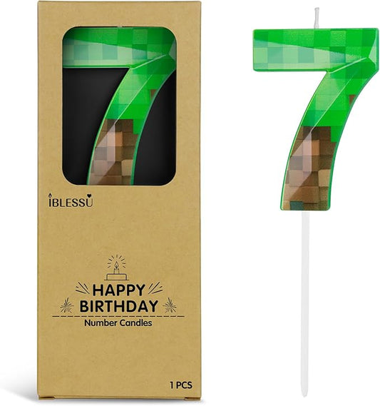 Pixel Birthday Candle, 2.68 Inch Miner Number Candles, Game Themed Candle Birthday Decoration for Pixel Theme Birthday Anniversary Dynamite Video Game Party (Green, 7)
