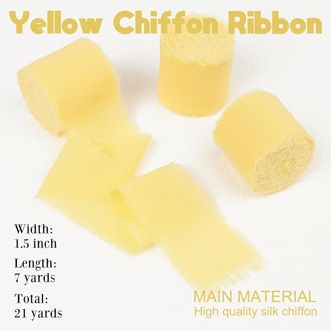 Yellow Chiffon Ribbon, 1-1/2 Inch x 21 Yards, Handmade Fringe, Silk, Boho Frayed, Cream Yellow, Gift Wrapping, Wedding Invitation, Bridal Flower Bouquets