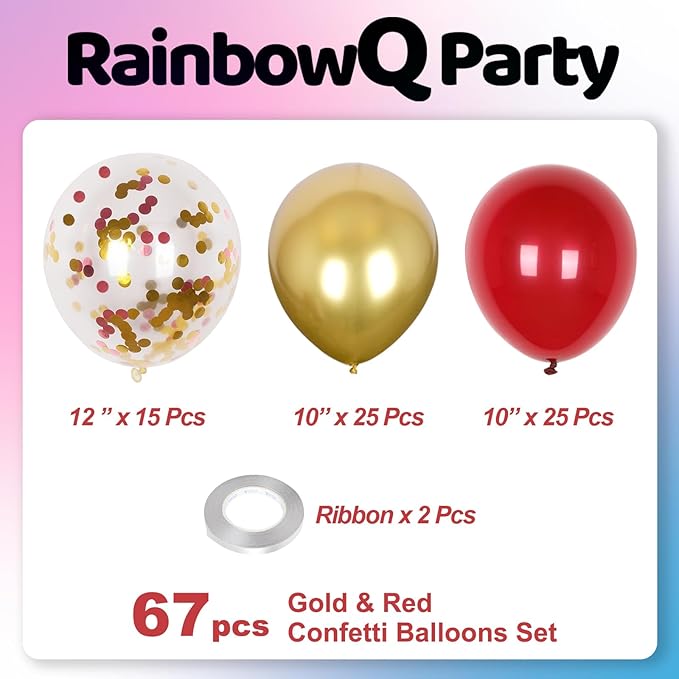 Metallic Shiny Red and Gold Balloons 12 Inch 67PCS Red Gold Confetti Balloons Latex Helium Balloon Set for Graduation Anniversary Wedding Birthday Party Decorations