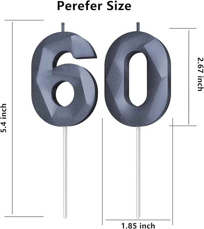 Number Birthday Candles(60 Candle Black) 3D Diamond Shape 60th Happy Birthday Cake Topper Decorations for Women Men Birthday Wedding Anniversary Celebration Theme Party Supplies