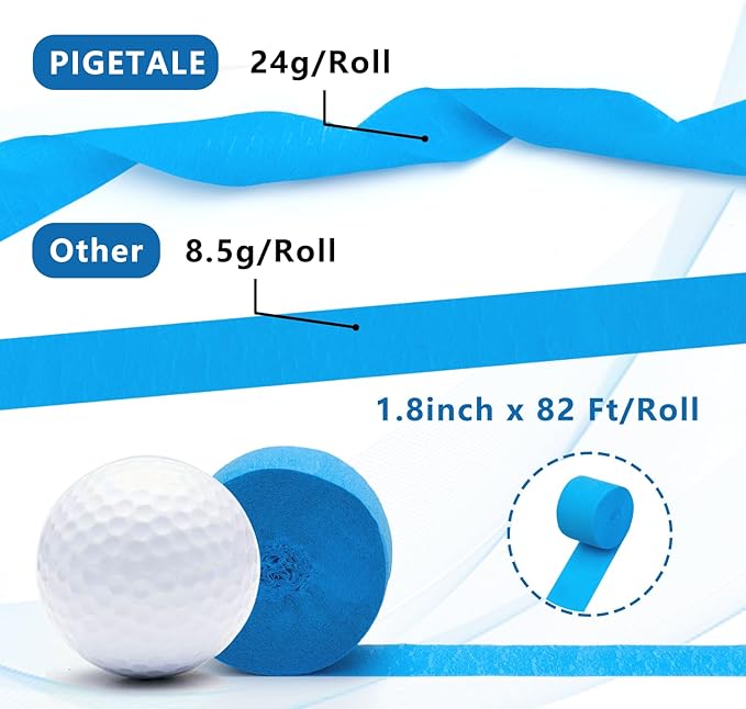 PIGETALE Crepe Paper Streamers 4 Rolls 328ft, Pack of White, Silver, Royal Blue, Light Blue Party Streamers for Birthday Wedding Ceremony Party Baby Bridal Shower Decorations (1.8Inch x 82Ft/Roll)