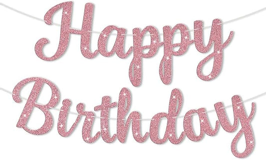 Glitter Happy Birthday Banner Sign, DIY Birthday Party Garland Decorations, Reusable Happy Celebration Party Supplies Backdrop Banners for for Women, Girls, Teens, Adults (Rose Gold)