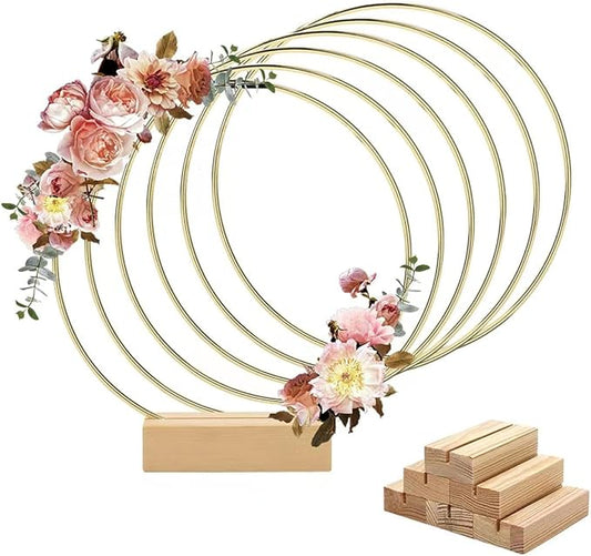Worown 6 Pack 10 Inch Floral Hoop Centerpiece for Wedding, Gold Metal Rings with Wooden Stand - Table Decor, Wreath Decor for Wedding, Party, Wall Hanging (25cm Hoop, 3.15in Base)