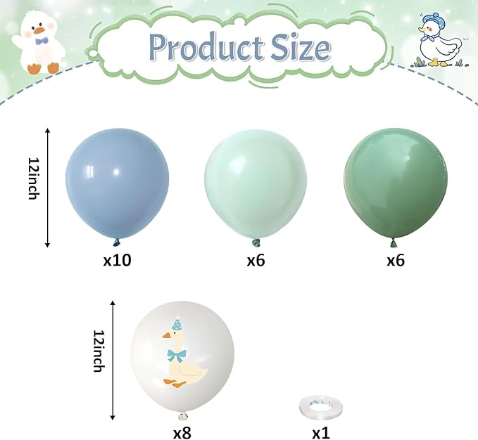 Silly Blue Bow Goose Balloons Set, 12 Inch Pastel Blue Sage Green White Goose Print Latex Balloons for Boy Girl 1st 2nd One Silly Goose Theme Birthday Baby Shower Party Decorations