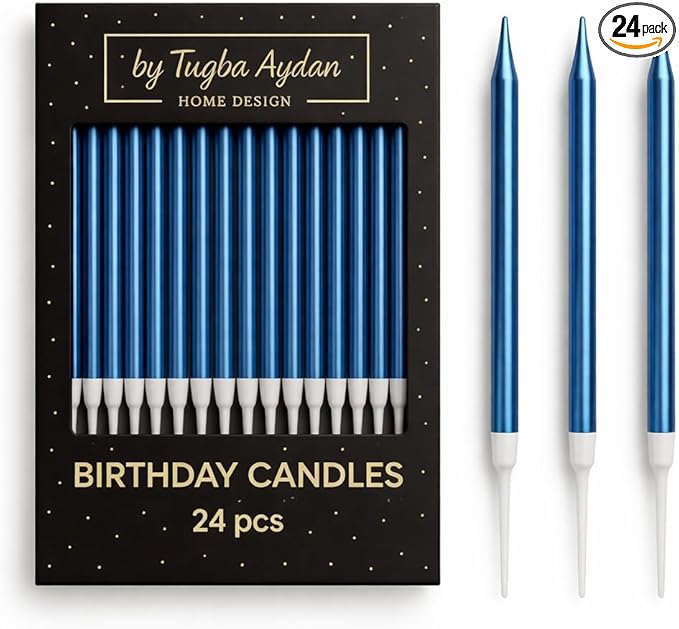 by Tugba Aydan - Blue Birthday Candles - 24 Count Long Thin Blue Birthday Candles, Metallic Cake Candle for Birthday, Party Candles