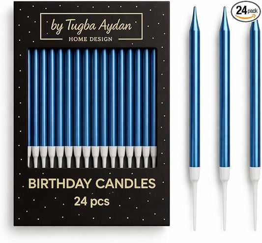 by Tugba Aydan - Blue Birthday Candles - 24 Count Long Thin Blue Birthday Candles, Metallic Cake Candle for Birthday, Party Candles