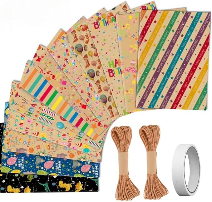 Kraft Birthday Wrapping Paper Roll Set of 15 with Twine and Tape, Gift Wrap for Happy Birthday Present (Brown)
