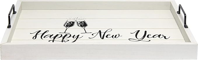 Elegant Designs HG2000-GNY Champagne Toast Decorative Wood Serving Tray w/Handles, 15.50" x 12", Light Gray Happy New Year