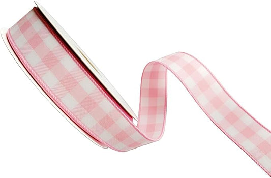 Meseey 7/8 Inch Pink Plaid Wired Ribbon, 10 Yards, Buffalo Check Ribbon for Gift Wrapping, Wreath Making, Crafts, Floral Arrangements, Baby Shower & Wedding Decor