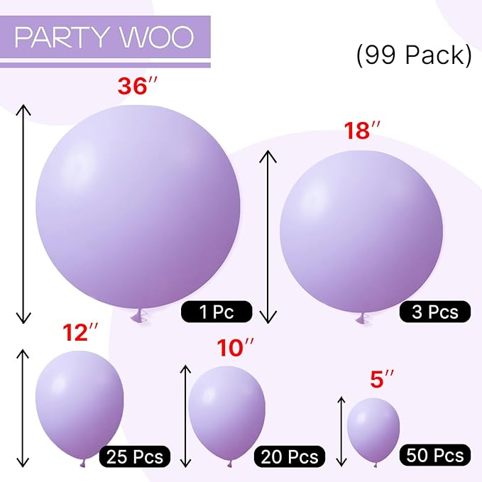 PartyWoo Lavender Balloons 99pcs Different Sizes Pack of 36 18 12 10 5 Inch Light Pastel Purple Lilac Balloon Arch Kit for Baby Shower Bachelorette Fairy Birthday Princess Party Decorations Purple-Q10