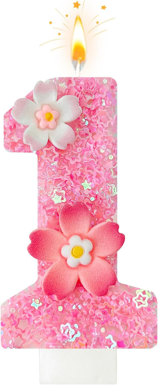 Pink Flower Birthday Candle,Number Birthday Candles for Cake, Ideal Birthday Parties Cake Decor, Wedding Anniversary and Other Celebrations (Number 1, Pink)