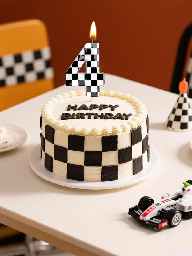 Number 4 Racing Cars Birthday Candles,2.68 Inch Black White Checkered Birthday Number Candles, Cool Racing Themed Number Candles for Boys and Girls, Kids Race Car Themed Party Decorations Supplies