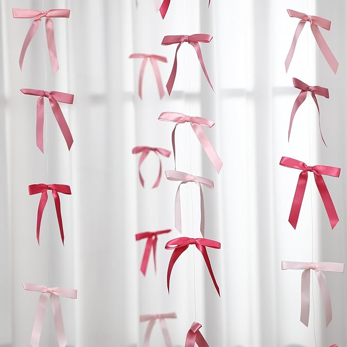 Taobary 8 Pcs 6.6 ft Bow Garland, Satin Ribbon Bow Banner Coquette Hanging Ornament for Photo Backdrop Birthday Party Wedding Bridal Baby Shower Wall Decorations(Elegant Pink,0.63 Inch)
