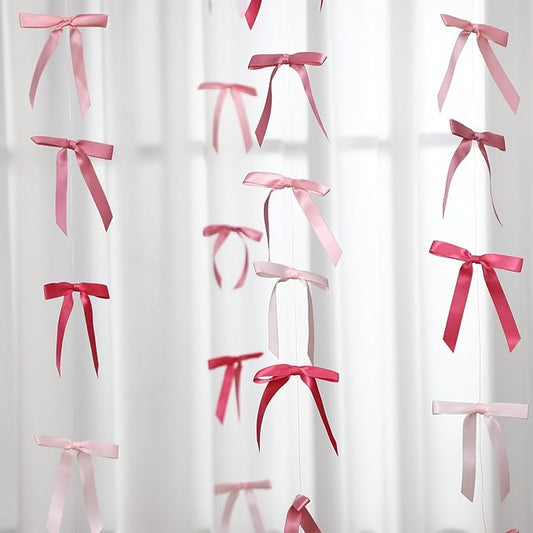 Taobary 8 Pcs 6.6 ft Bow Garland, Satin Ribbon Bow Banner Coquette Hanging Ornament for Photo Backdrop Birthday Party Wedding Bridal Baby Shower Wall Decorations(Elegant Pink,0.63 Inch)