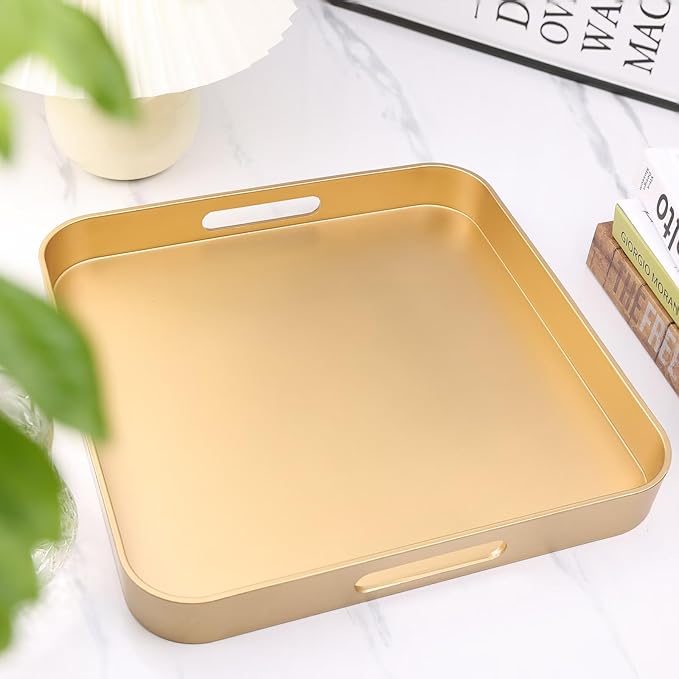 Gold Square Decorative Tray with Handles, 13"*13" Versatile Serving Tray for Coffee Table, Ottoman, Ideal for Serving, Displaying, Organizing