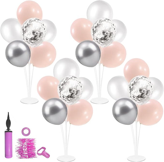 ZJDHPTY 4 Sets Table Balloon Stand,Pink Silver White Balloon Centerpieces for Baby Shower Bridal Shower Birthday Wedding Engagement Party Decor