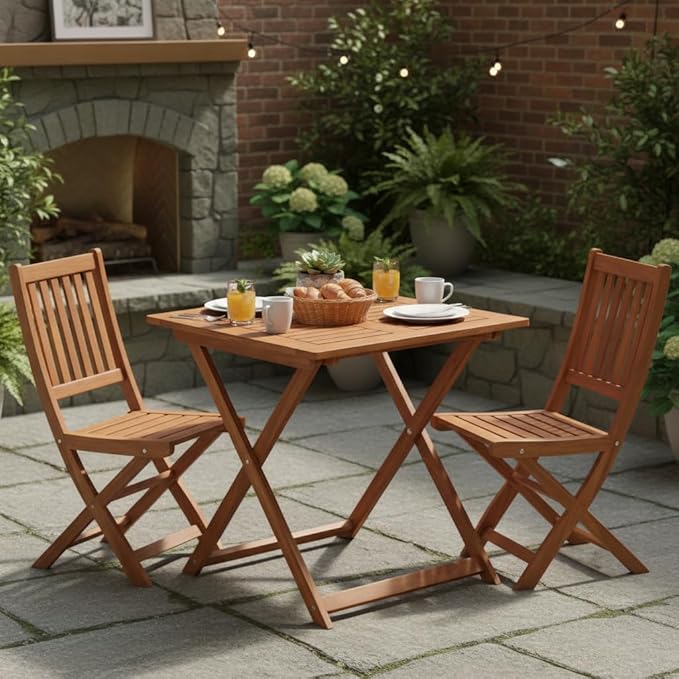 Tangkula 29.5-Inch Square Patio Dining Table, Solid Wood Folding Outdoor Bistro Table with Teak Painting & 2" Umbrella Hole, Outdoor Dining Table for Balcony, Deck, Porch, Backyard