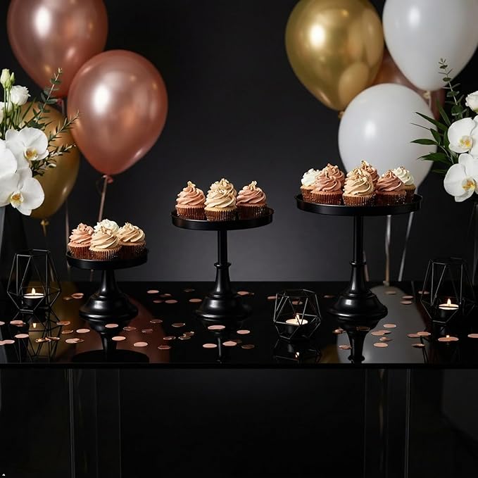 3 Pcs Metal Round Cake Stand Set 8“10”12" Cake Display Stand Dessert Cupcake Display Tray for Graduation,Wedding,Birthday,Party,Baby Shower,Anniversary,Ceremony,Christmas (Black)