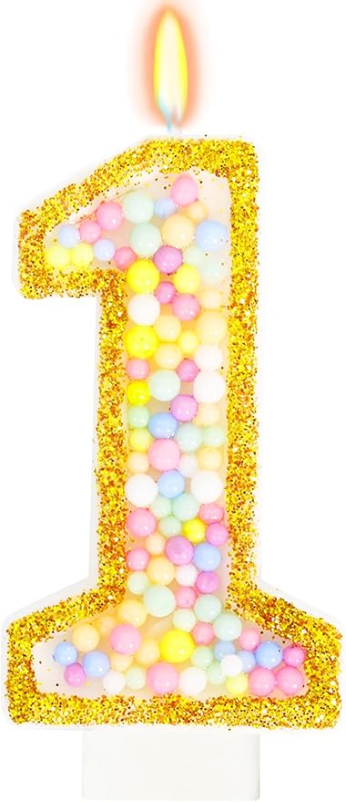 1st Birthday Candle for Cake, Colorful Macaron Numeral Candles for Boys/Girls, Baby Birthday Party Cake Decorations, Golden Cake Topper for Birthday Party Supplies (Number 1)